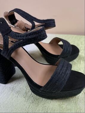 Black Platform Espadrille Heeled Sandals with Ankle Strap